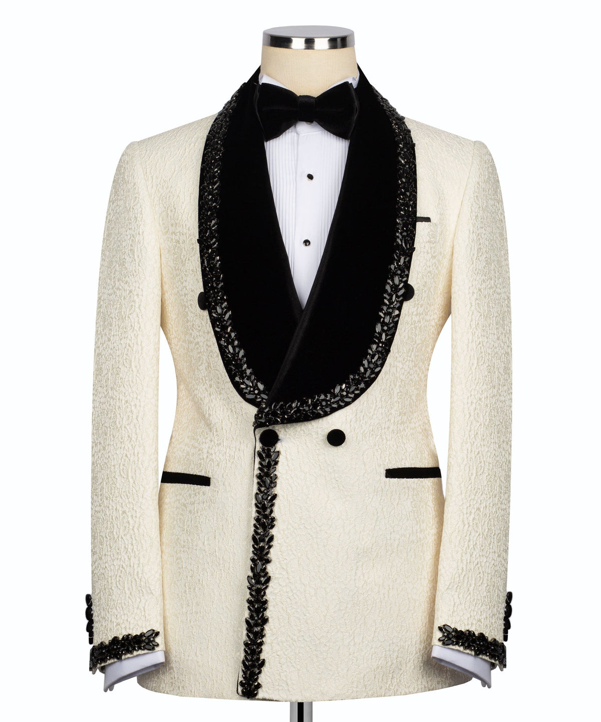 Off-white tuxedo jacket with black satin lapels and stone-embroidered trim