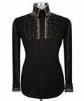 Men's black long-sleeve shirt with stone-embellished collar and front, button-up