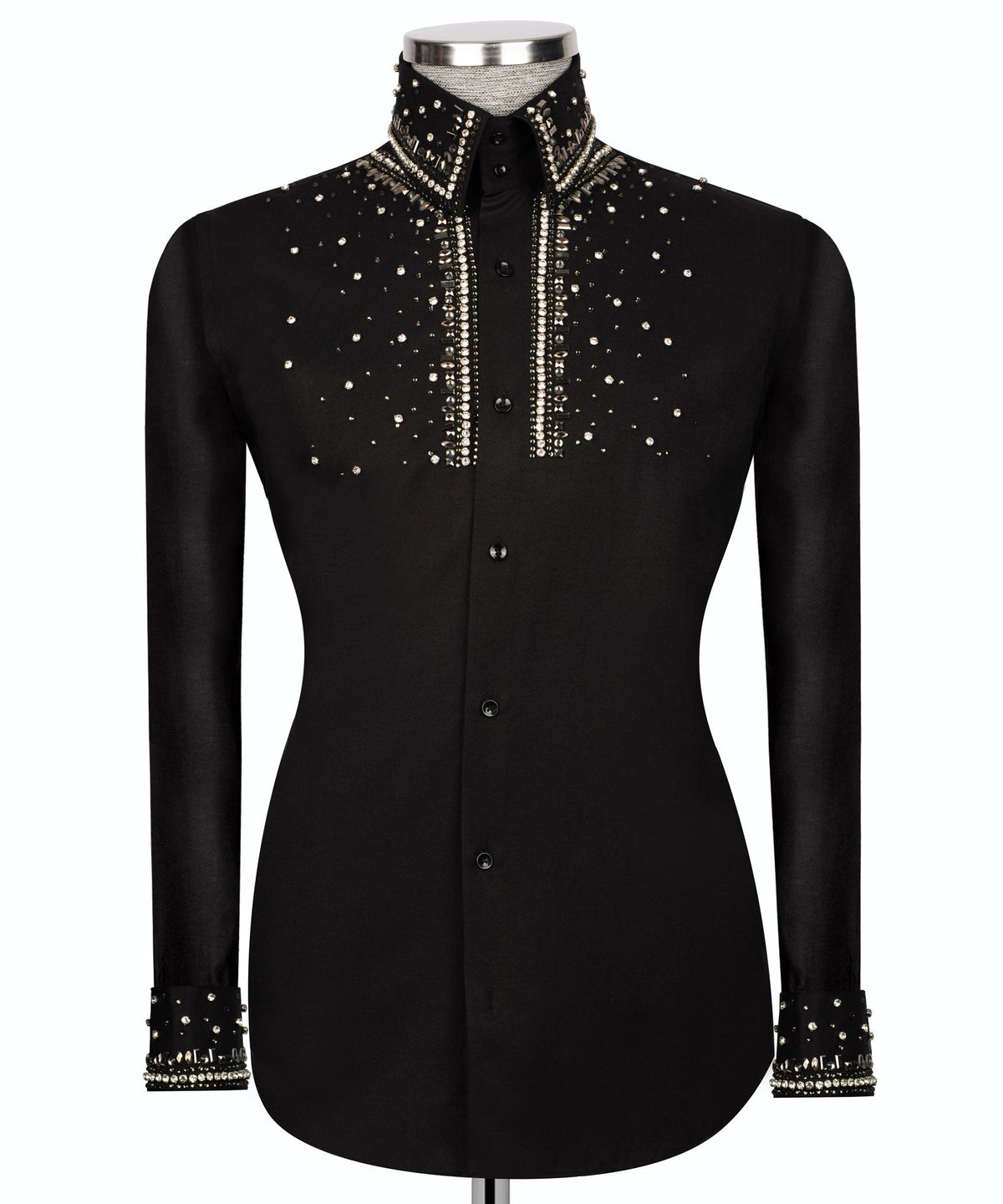 Men's black long-sleeve shirt with stone-embellished collar and front, button-up