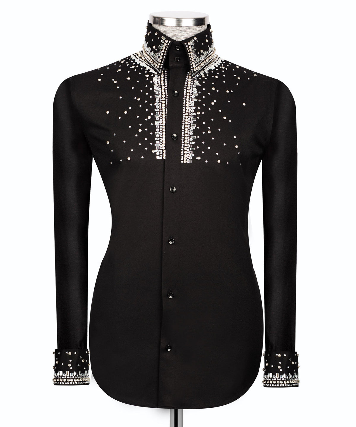 Black formal button-down shirt with stone-embellished front placket and collar