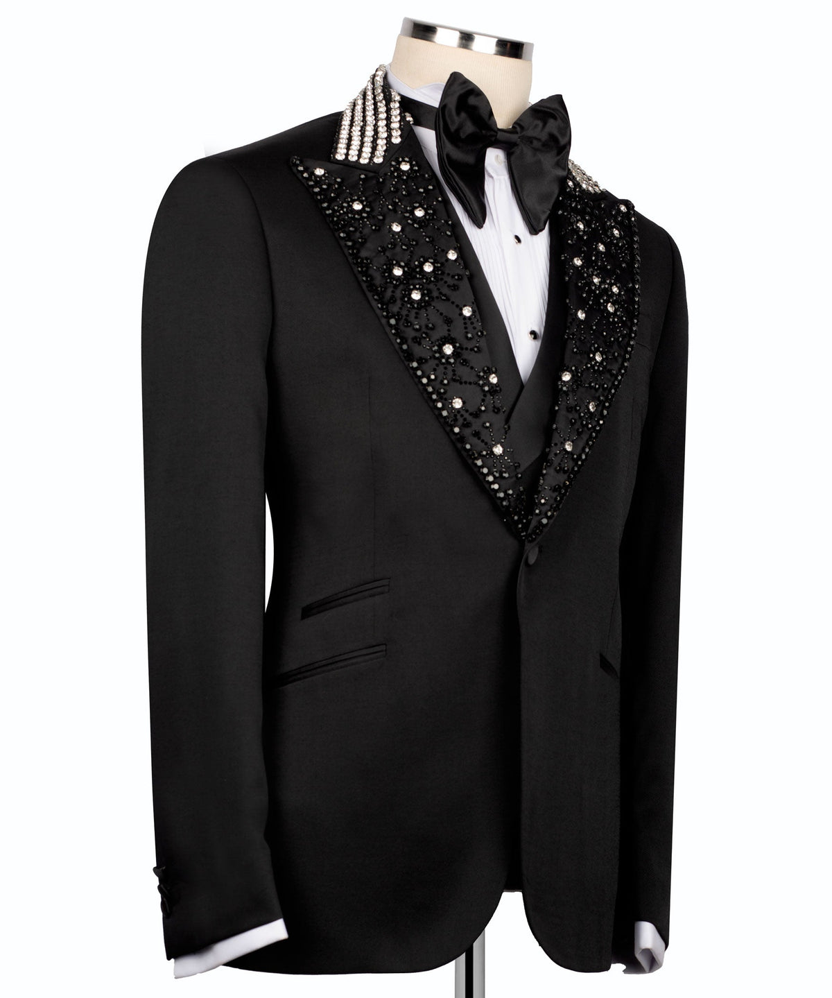 Black tuxedo suit jacket with sparkling gem-stitched trim and bow tie