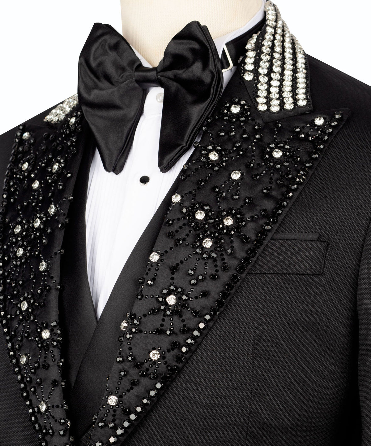 Tuxedo bow tie and white shirt with sparkling embroidered collar trim
