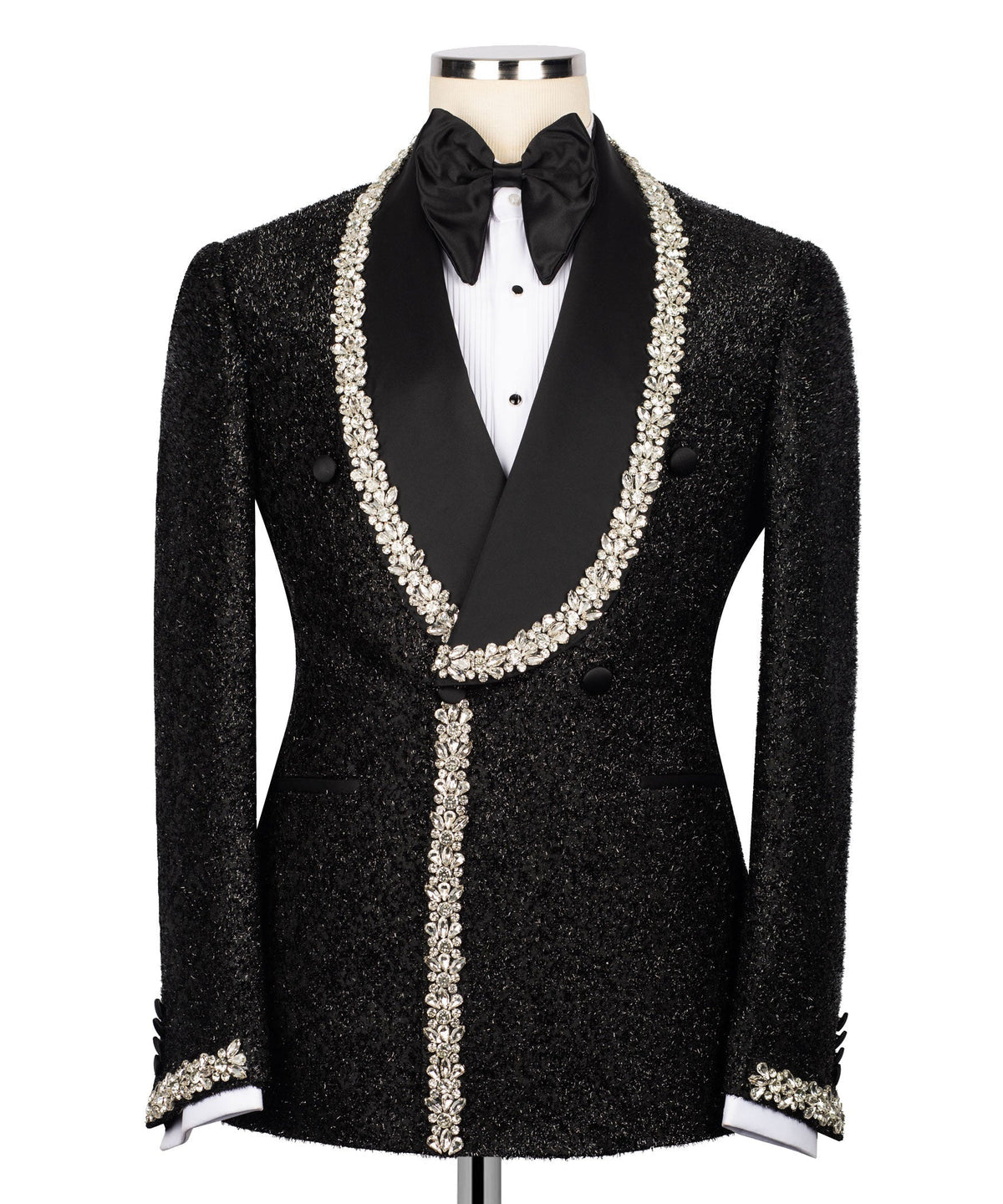 Black tuxedo jacket with crystal stone trim, satin bow tie, white shirt front