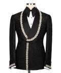 Black tuxedo jacket with rhinestone trim, bow tie collar, and jeweled front accents