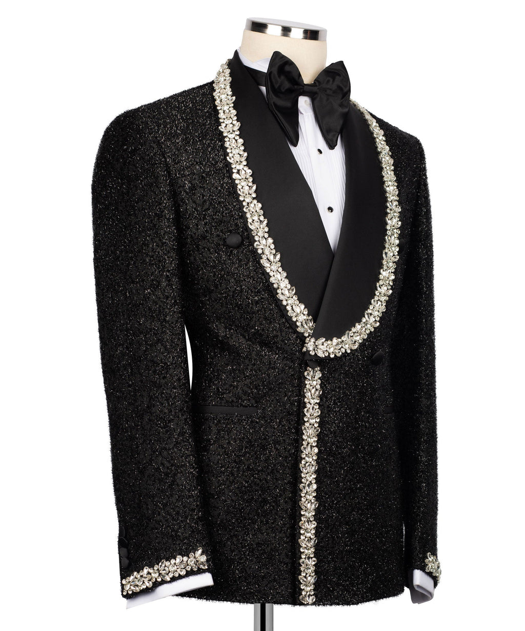 Black tuxedo jacket set with long jeweled stone trim, buttons, bow tie, and vest