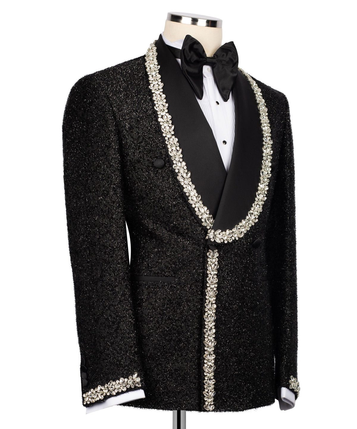 Black tuxedo jacket back view, rhinestone-embroidered lapels with long beaded row and buttons