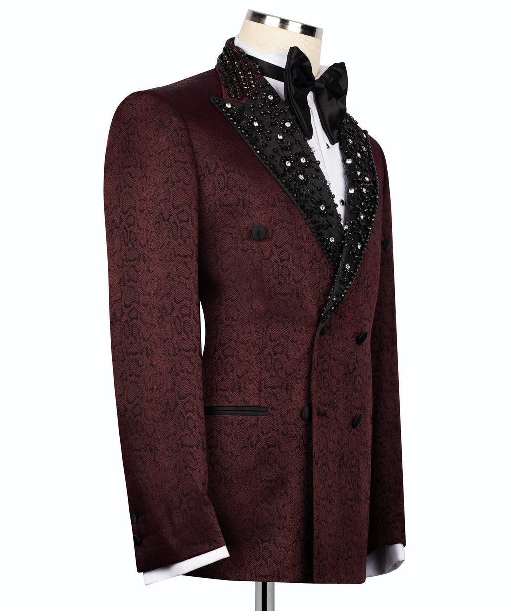 Maroon patterned tuxedo jacket with black satin lapels and bow tie detail
