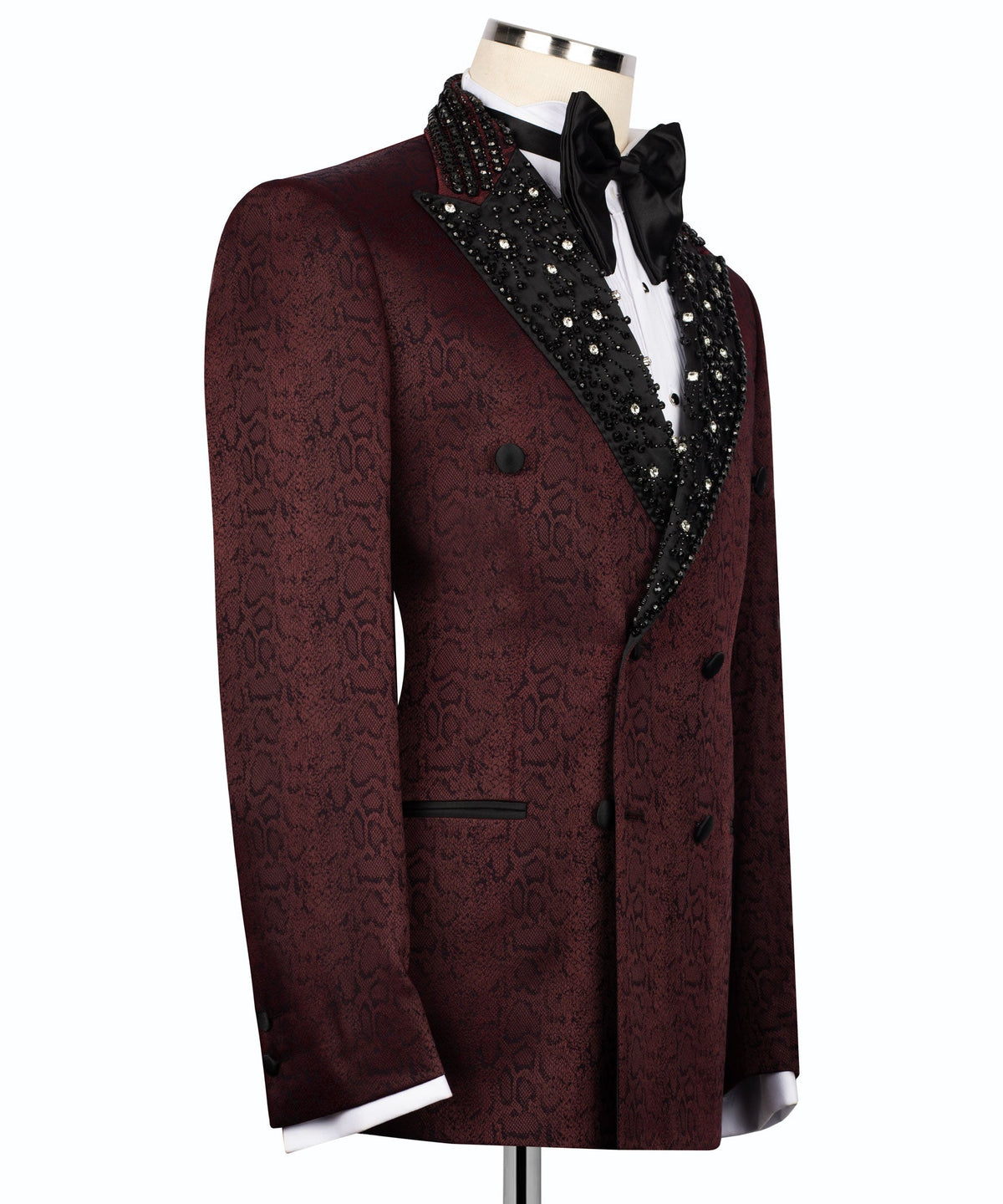 Maroon patterned tuxedo jacket with black satin lapels and bow tie detail