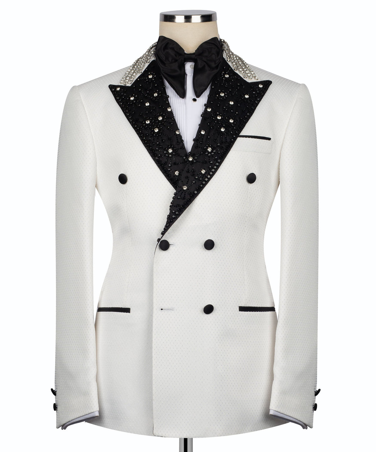 White tuxedo jacket with black embroidered shawl collar and satin bow tie, double-breasted buttons