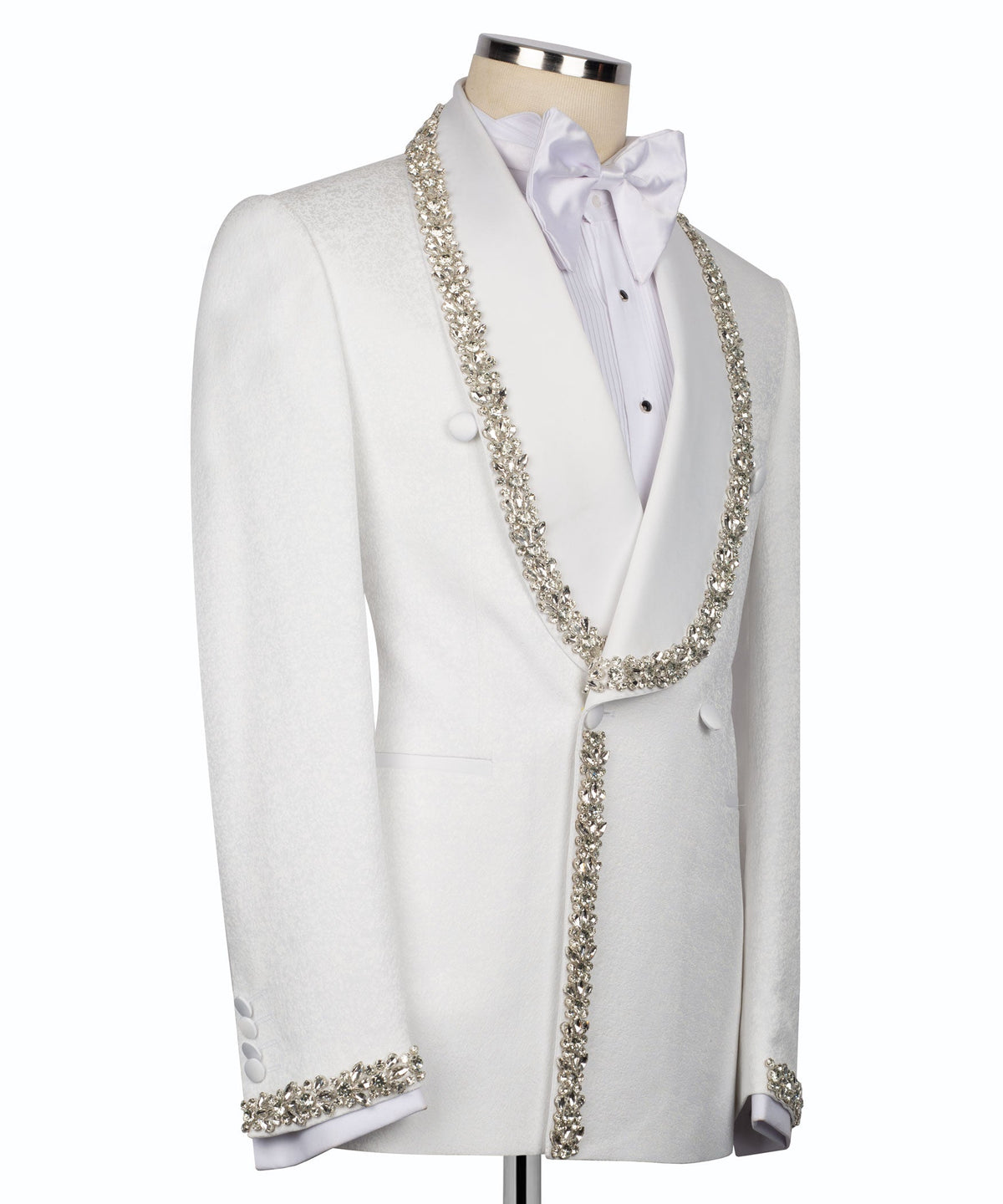 White tuxedo jacket front with silver stone-embroidered cord trim and bow tie