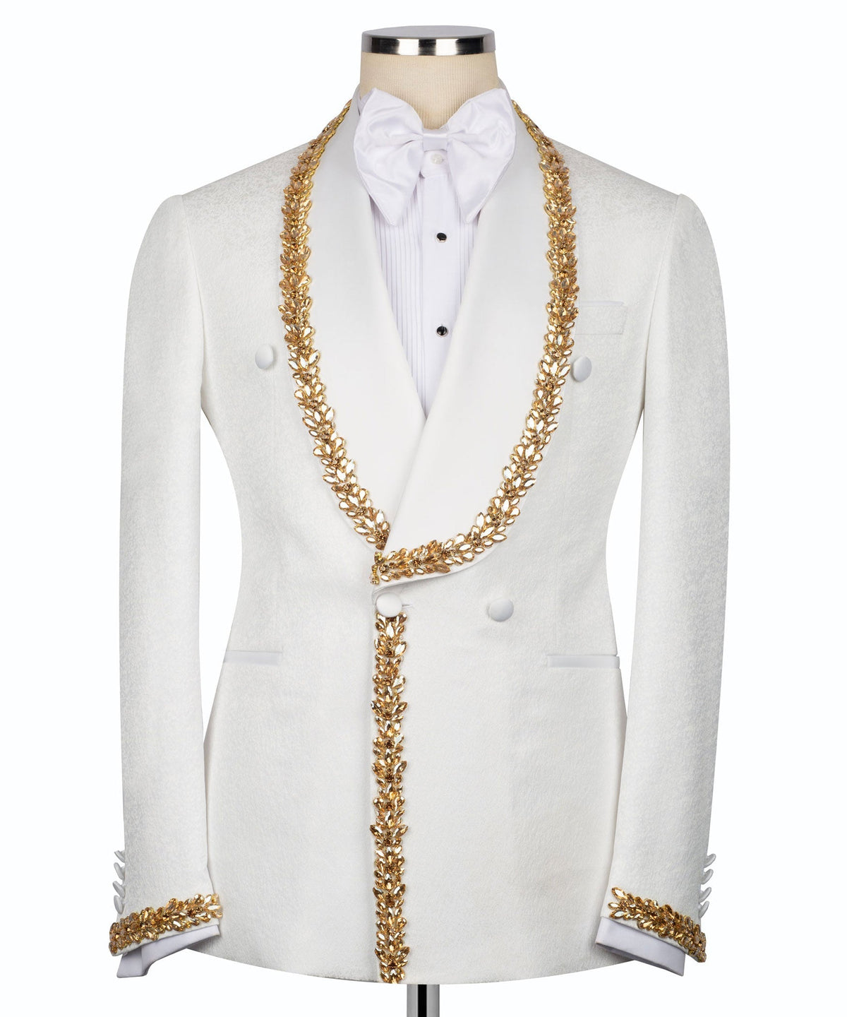 White tuxedo jacket with gold embroidered chain trim and bow-tied shirt front