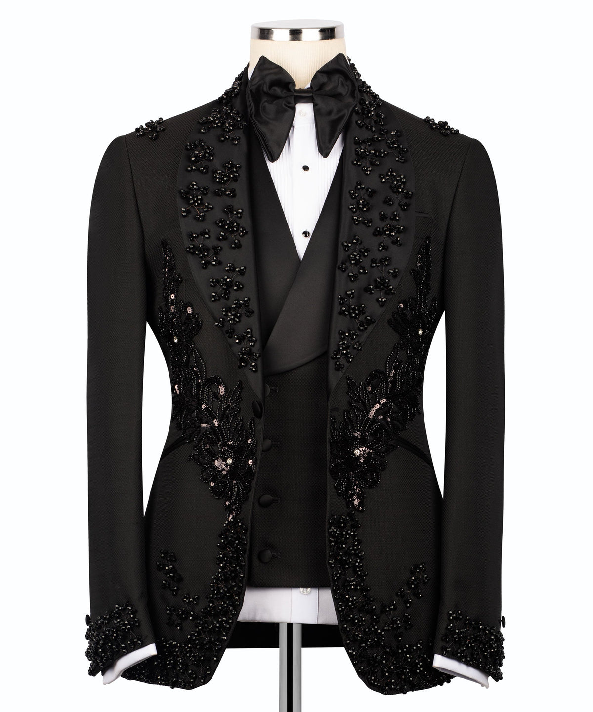 Black tuxedo jacket and vest with dense stone-and-sequin floral embellishment
