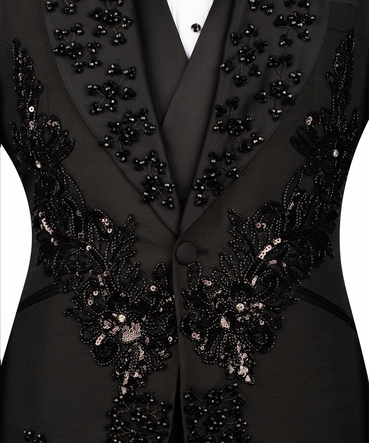 Jeweled floral embroidery on black vest front with tuxedo jacket lapels