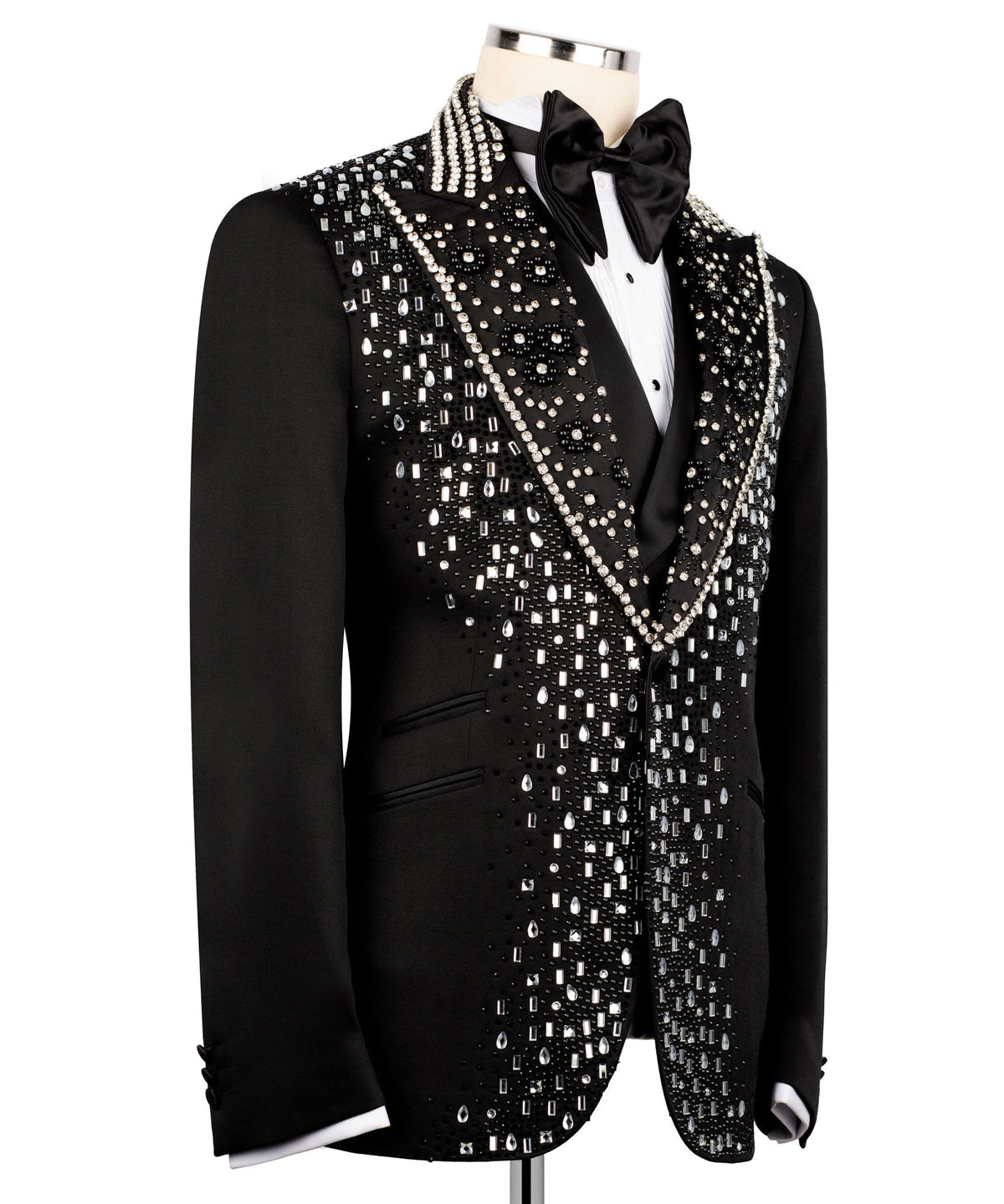 Men's black tuxedo jacket close-up of silver sequin embroidery along lapels