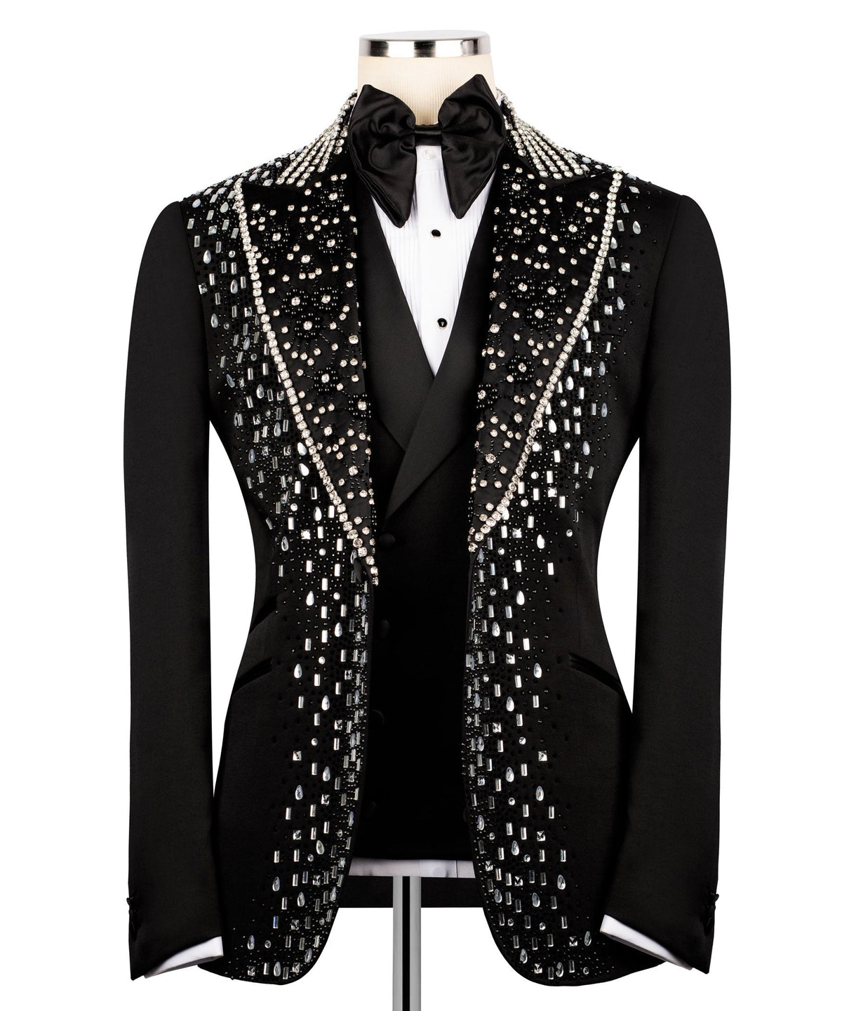 Men's tuxedo jacket front view with silver sequin embroidery and black satin bow tie
