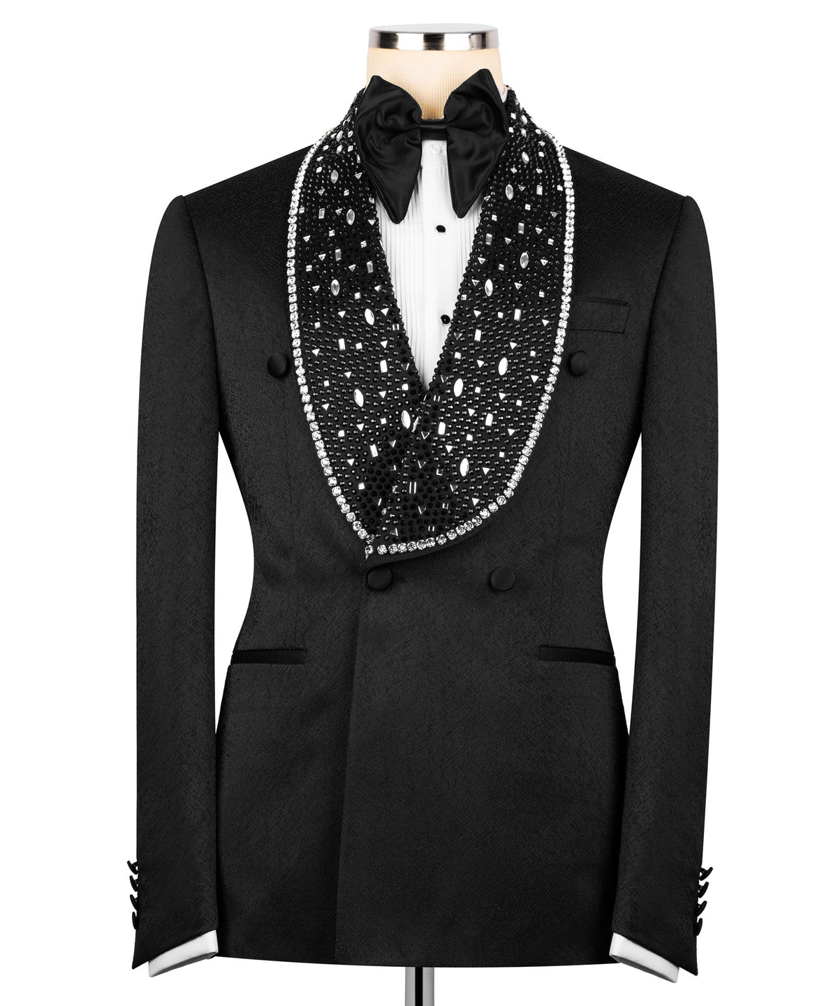 Black tuxedo jacket and vest front, jeweled V-lapel trim over white shirt