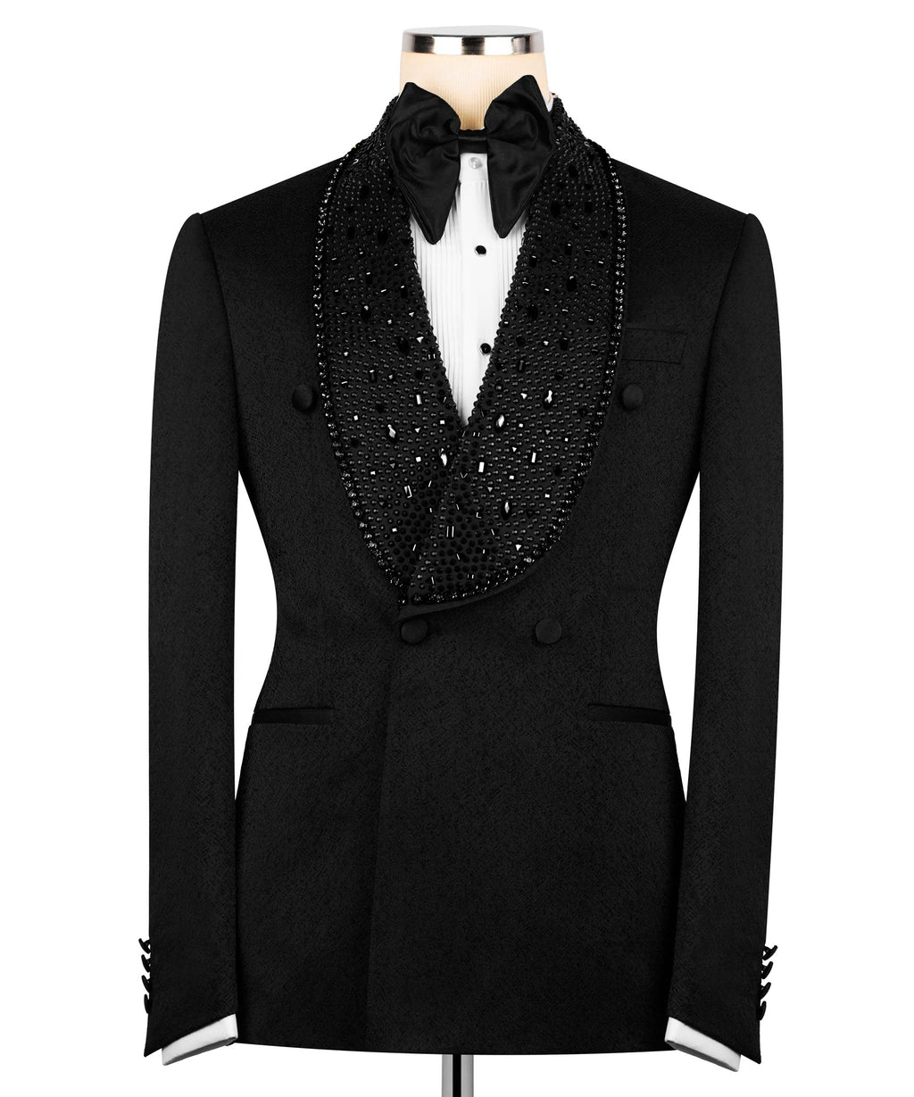 Black tuxedo jacket front view, sequined lapel trim and satin bow tie