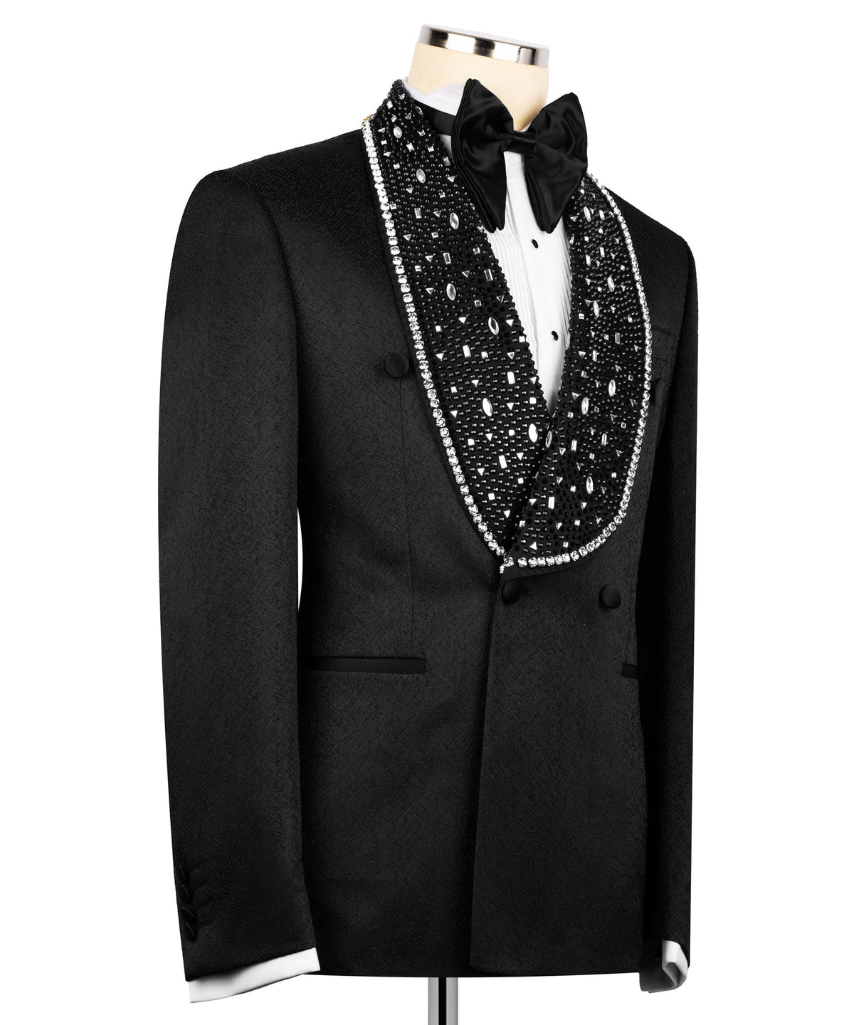 Black tuxedo suit front, jeweled lapels with rhinestone trim and satin bow