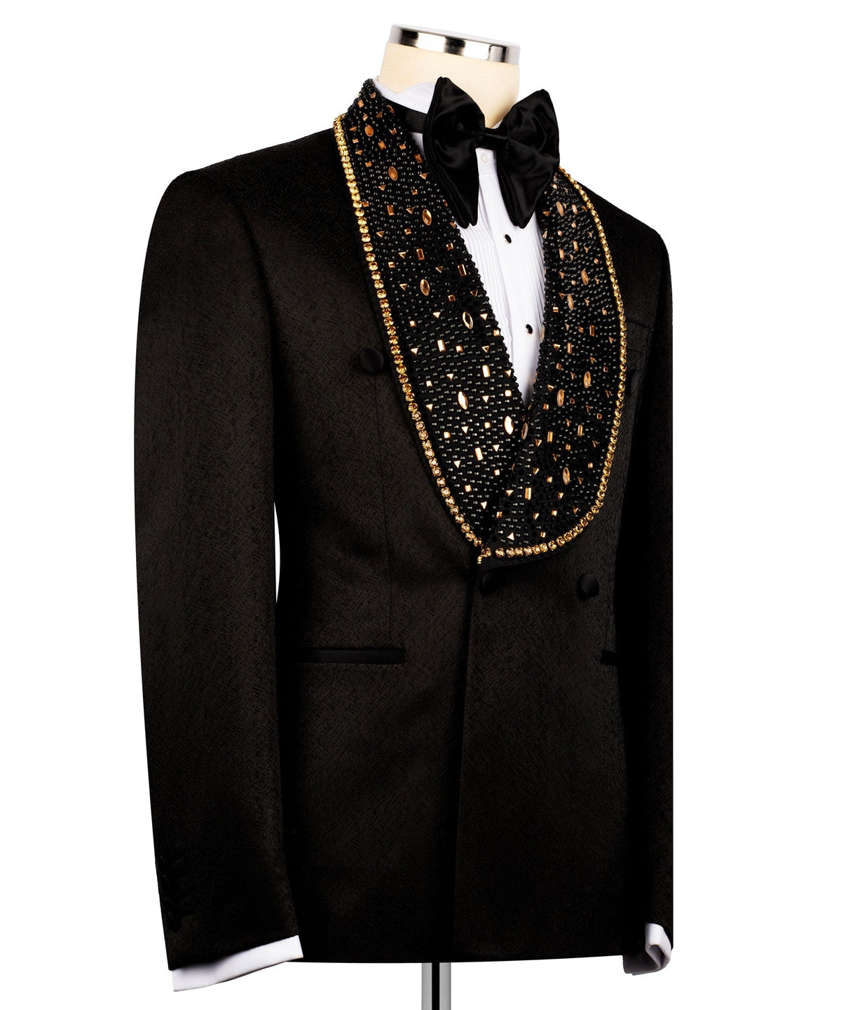 Black tuxedo jacket with gold beaded stone embroidery on lapels and placket