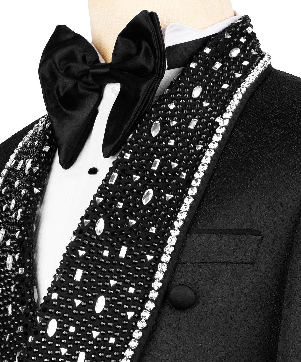 Close-up: black bow tie and stone-embroidered lapel panel with rhinestone detailing