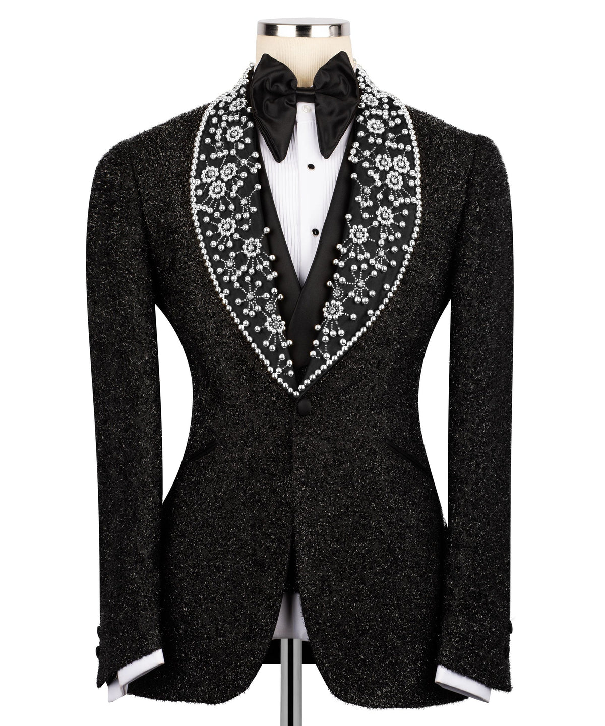 Black tuxedo jacket with sparkling crystal lapel detailing, satin bow tie, white shirt