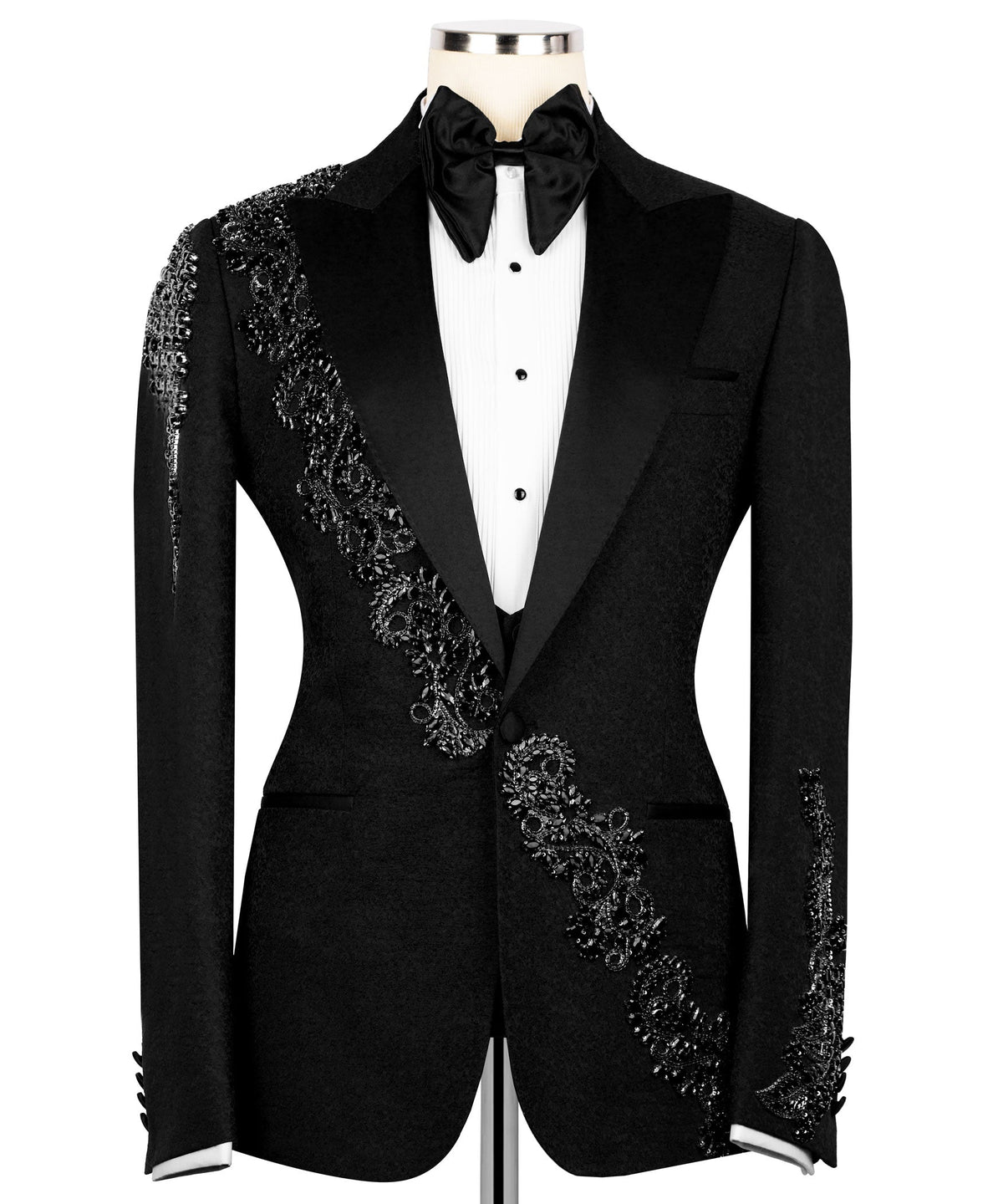 Black tuxedo jacket with stone-embroidered waist detail and jeweled lapel