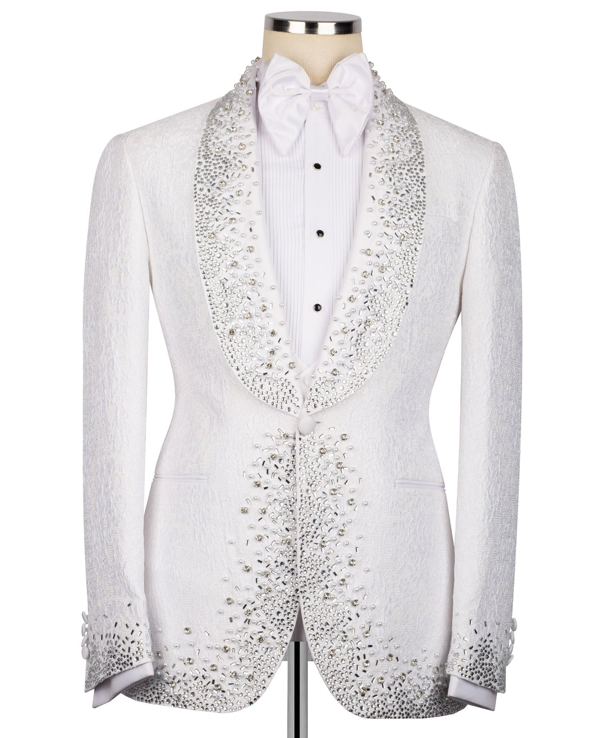 White tuxedo jacket with rhinestone-stitched lapels, center studs, and jeweled waist seam