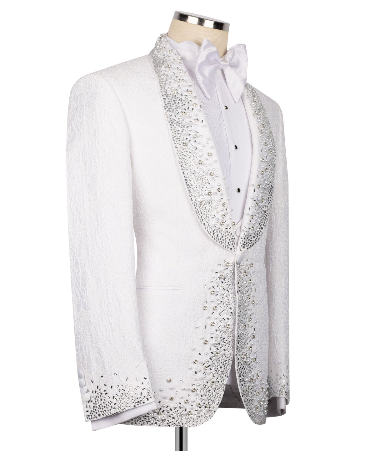 White tuxedo jacket side view with silver rhinestone-stone trim along lapel and sleeves