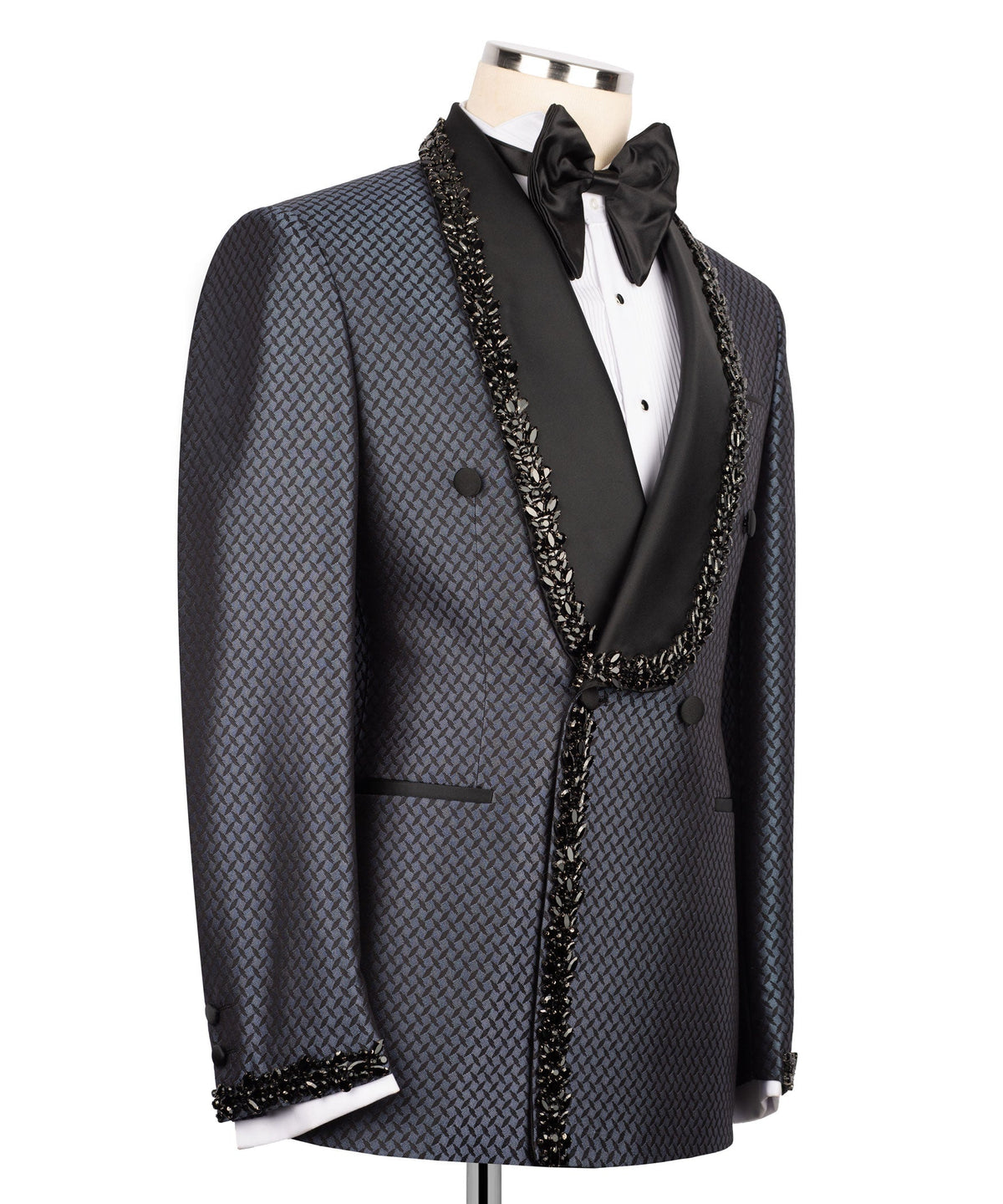 Black tuxedo set in textured fabric with jeweled trim and black bow tie, side view