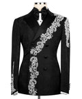 Black tuxedo jacket with silver stone floral embroidery on lapel and front buttons