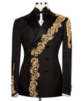 Black tuxedo jacket with gold stone embroidery along lapel and button front, black bow tie