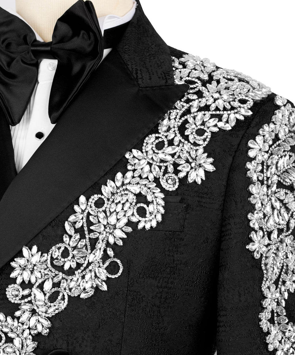 Black tuxedo bow tie and white shirt with silver stone floral embroidery on chest