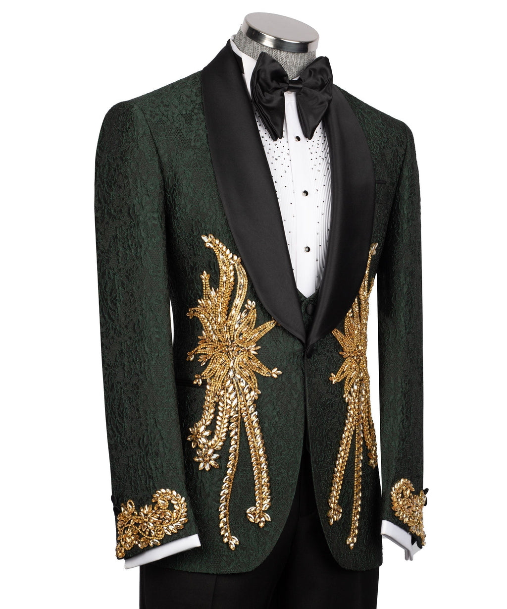 Green tuxedo slim-fit jacket front with black lapels and large gold embroidered accents