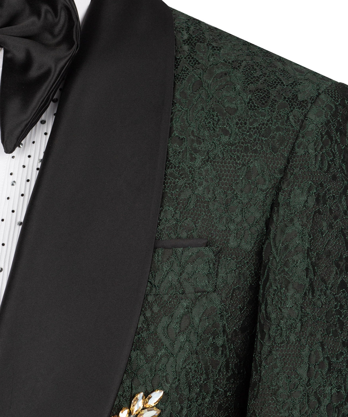 Green jacquard tuxedo jacket side panel with black satin trim