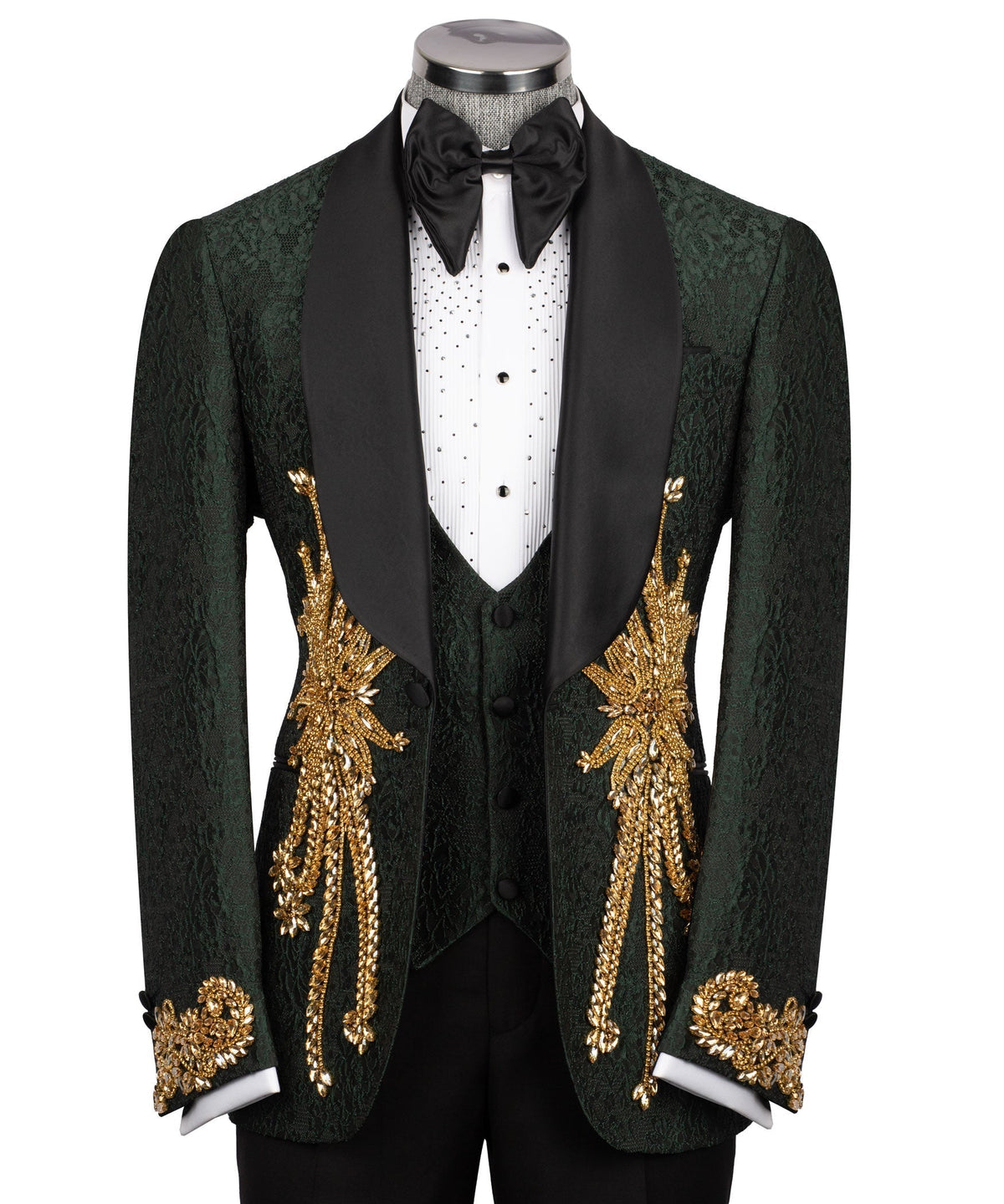Green tuxedo slim-fit jacket with black satin lapels and gold stone embroidery; bow tie