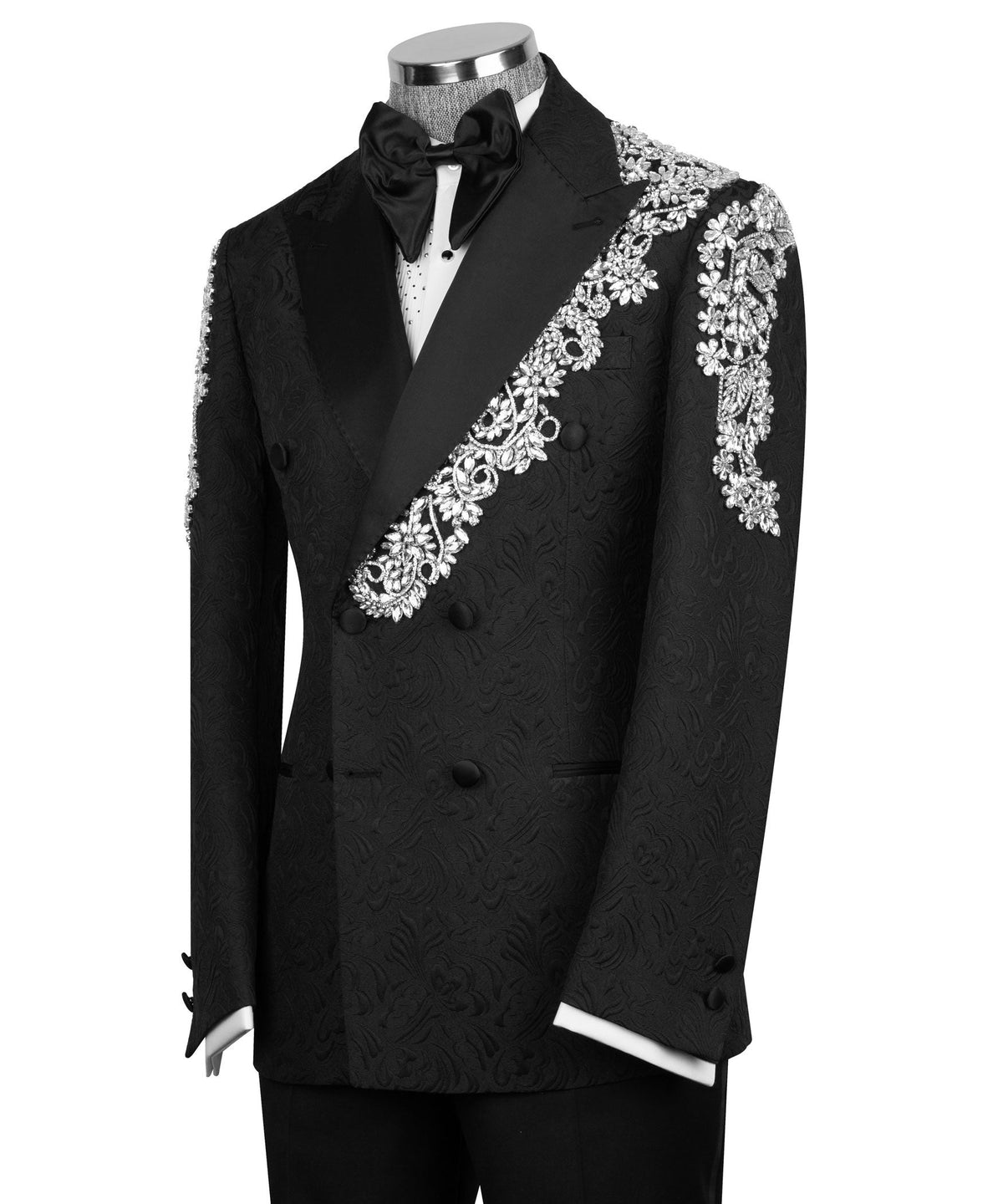 Black tuxedo jacket with ornate stone floral embroidery on lapel, cuffs, and pockets