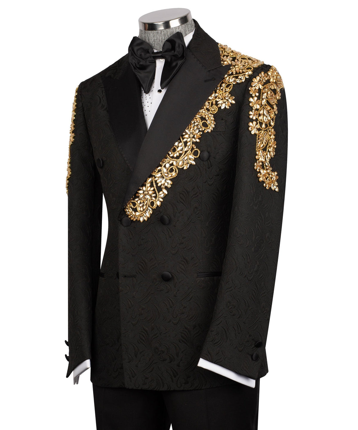 Black double-breasted tuxedo jacket with ornate gold diagonal trim and bow neckwear