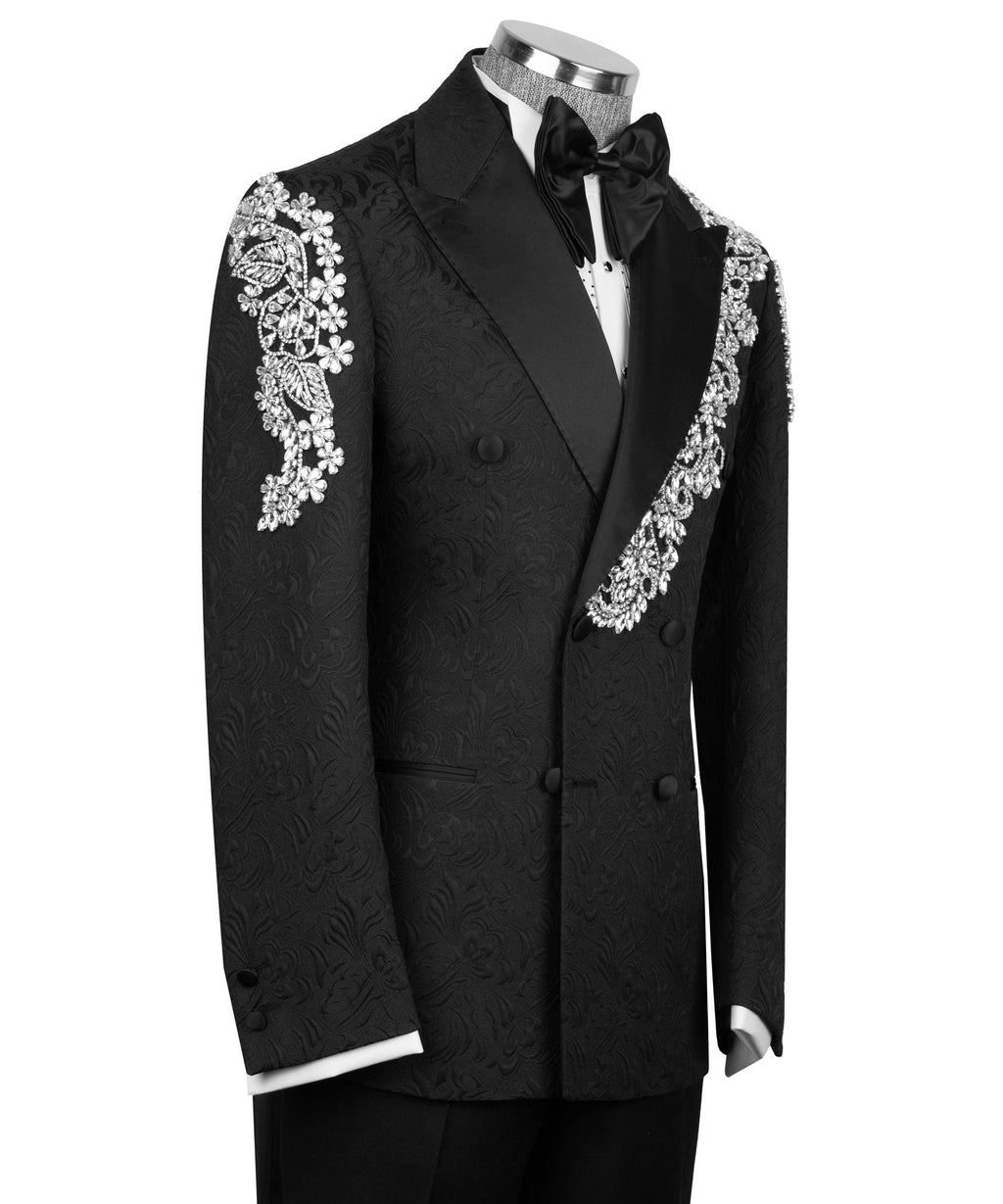 Black tuxedo jacket and vest set with silver floral sleeve and diagonal stone trim