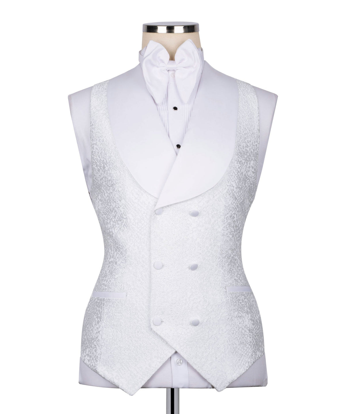 White tuxedo vest with double-breasted buttons and stone-embroidered front panel