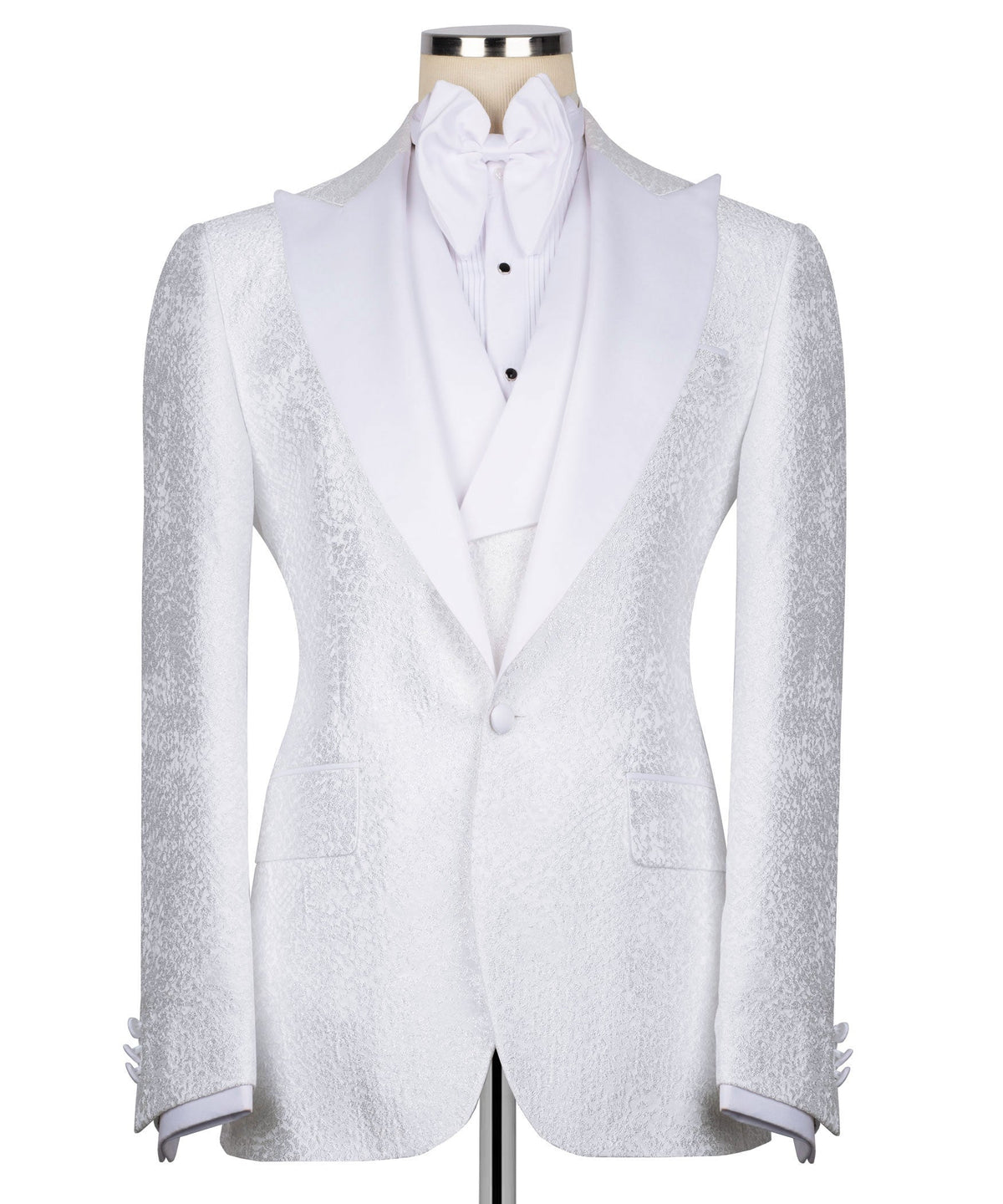 White tuxedo jacket with single-button front, textured lapels, bow collar and vest