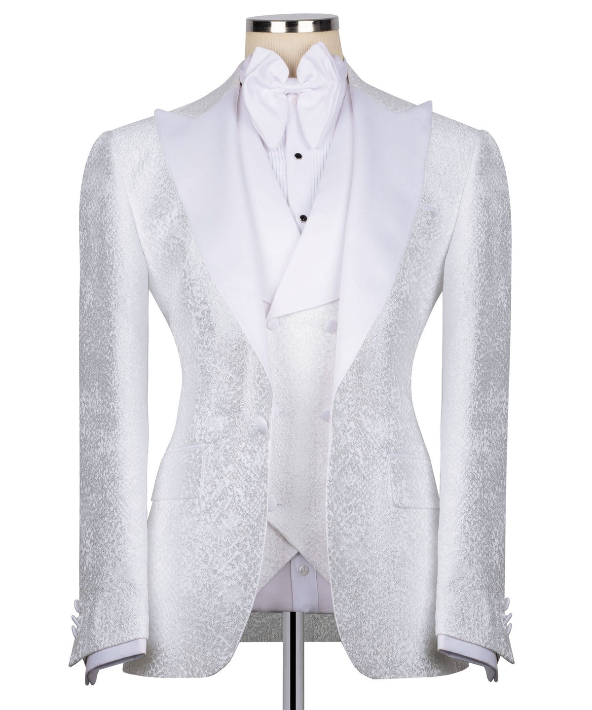 White tuxedo jacket with stone-embroidered lapels and satin bow tie set