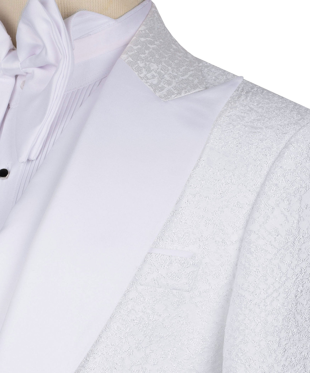 White dress shirt and stone-embroidered tuxedo lapel with textured pattern