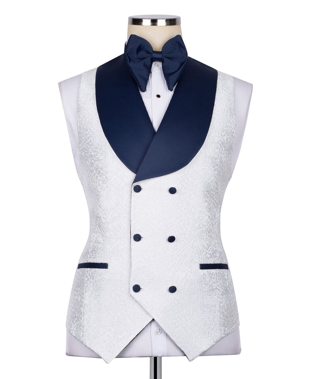 White tuxedo vest with navy collar, double-breasted front, and bow tie