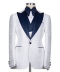 White tuxedo jacket on mannequin with navy shawl collar and bow tie
