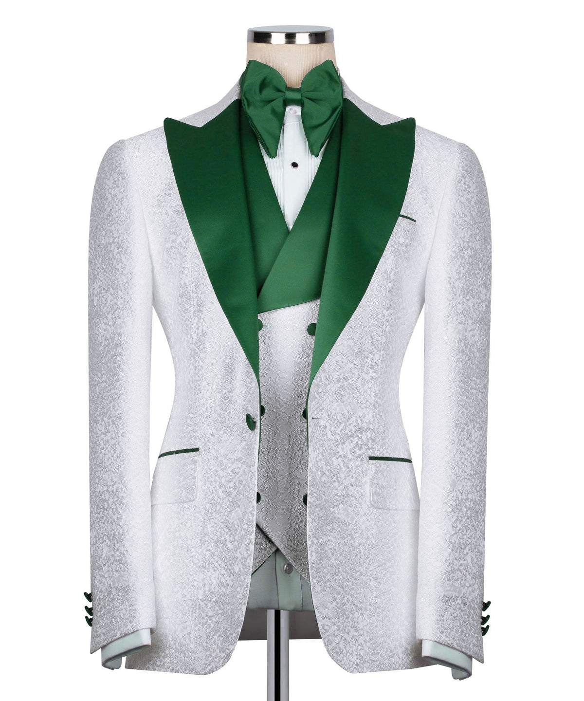 White tuxedo jacket with green satin collar, green bow tie, and satin-trim lapels