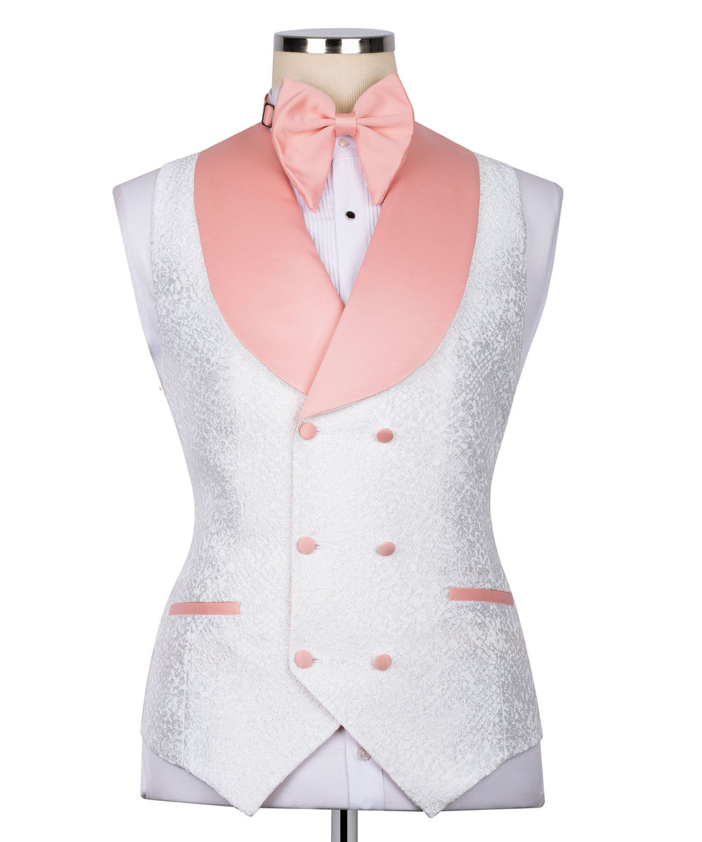 White tuxedo vest with pale pink satin collar and bow, pink button details