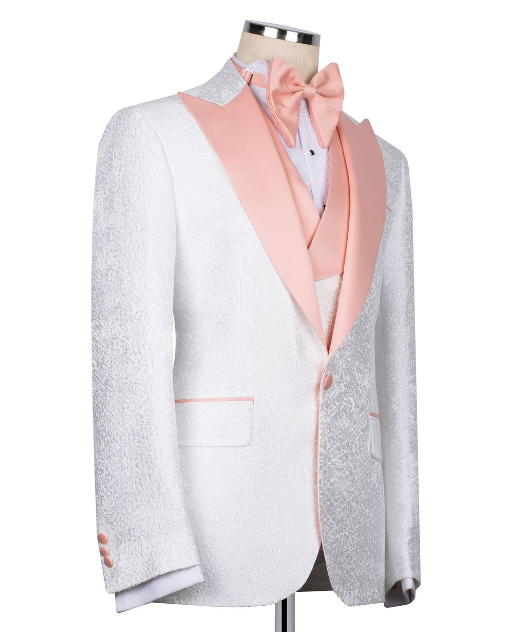 White stone-embroidered tuxedo jacket, pink satin diagonal sash detail, one-breasted front