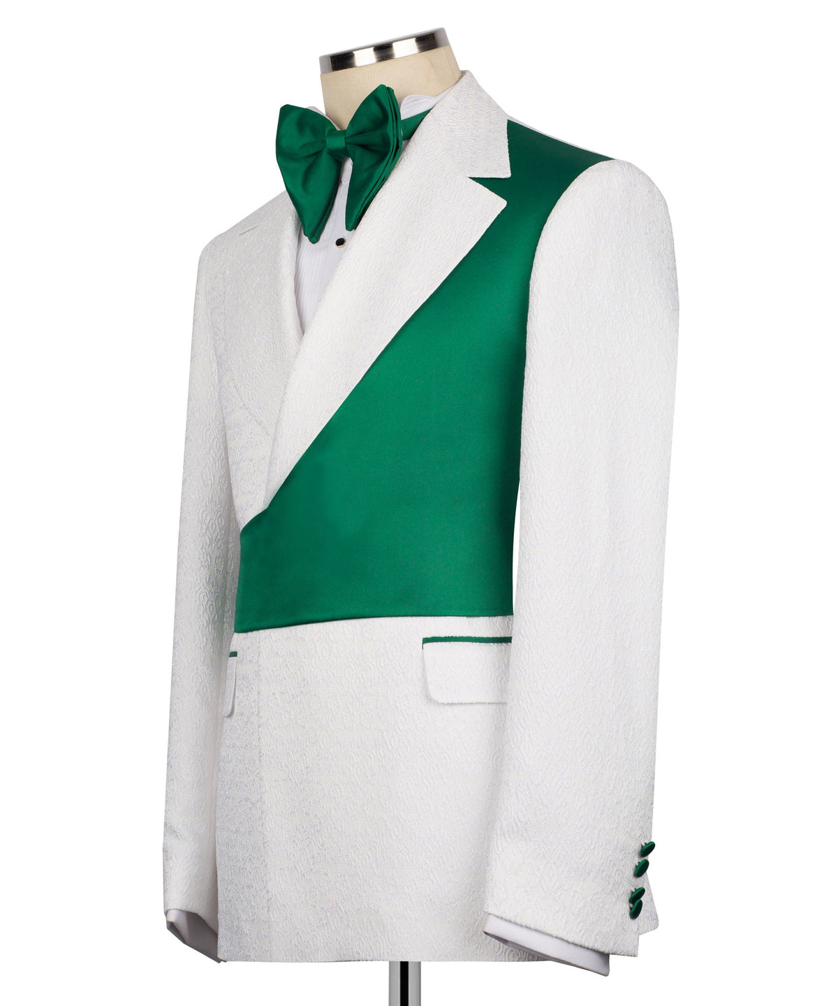White tuxedo jacket with green vest, matching green bow tie, and jacket button detail