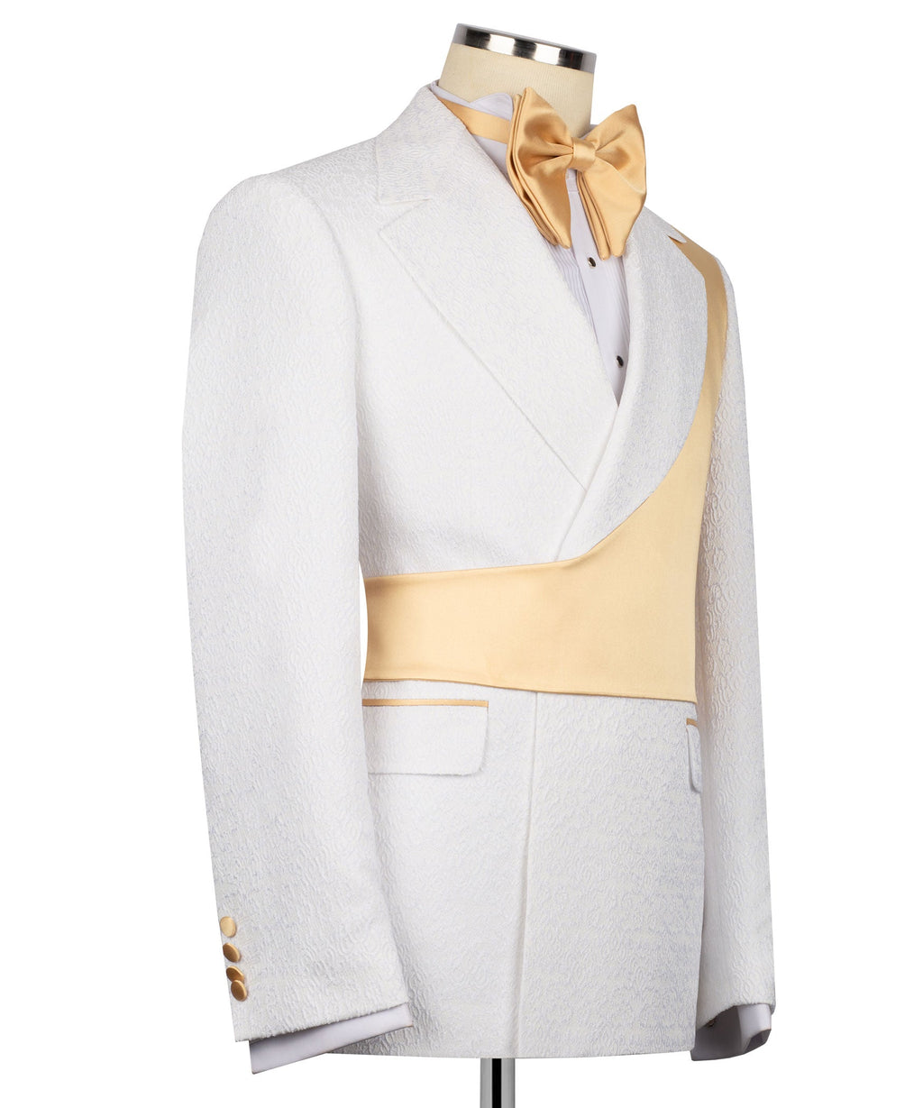 White tuxedo jacket side view with gold satin vest panel and bow tie