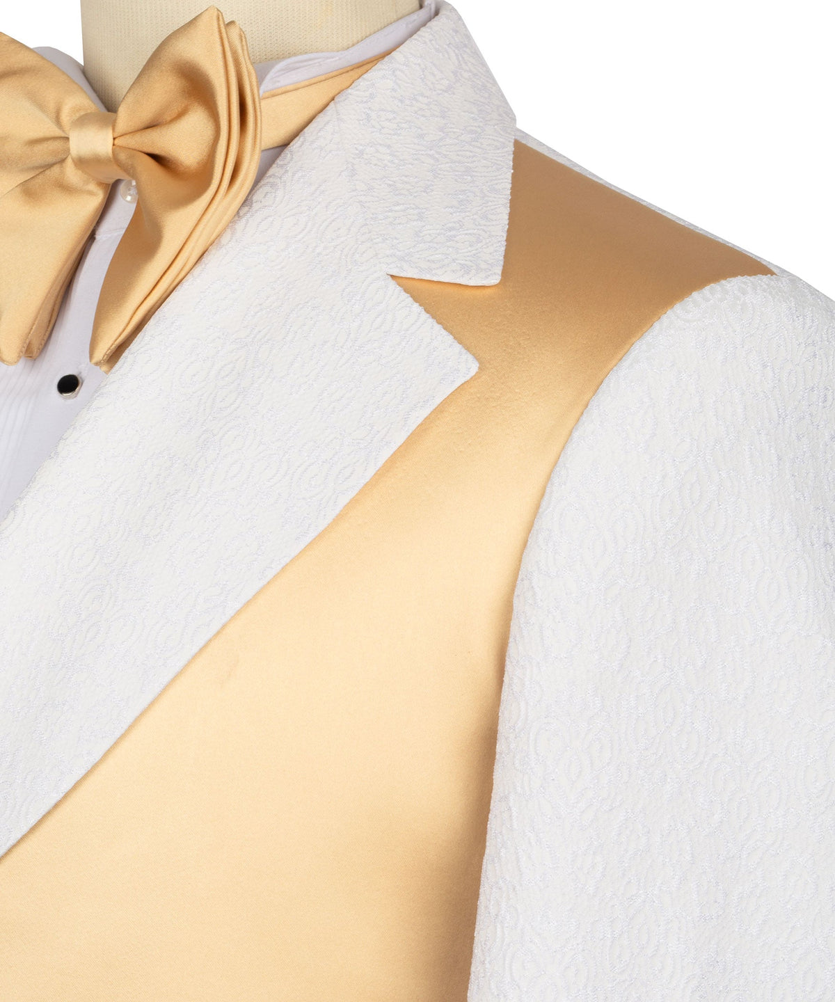 Gold satin shoulder details with gold bow tie and textured white tuxedo jacket
